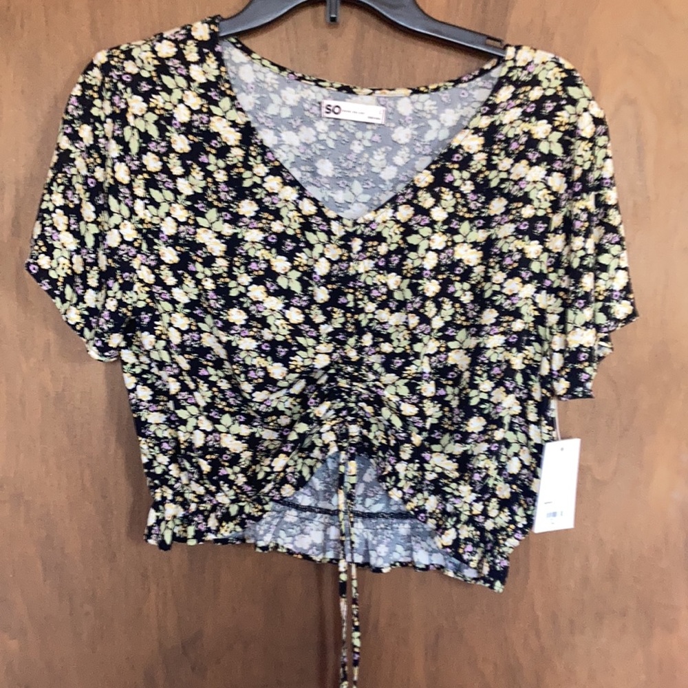 3/$24 SO top floral print cinch front short sleeve crop top boho casual  L jr - Picture 12 of 15